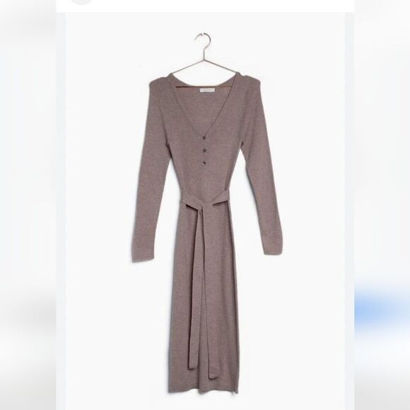 All Row Ribbed Knit Sweater Dress L | Mauve Midi Wool Cozy Soft Tie Waist NWOT - Picture 1 of 10